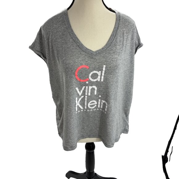 Calvin Klein Womens L Gray Performance V Neck Short Sleeve Logo T Shirt Top - Picture 1 of 6
